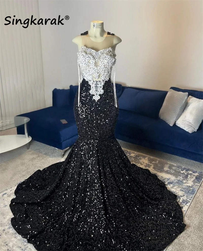 

Sexy Diamonds Black Prom Dress Glitter Crystals Beads Rhinestones Sequins Tassels Evening Party Dress Wedding Reception Gowns