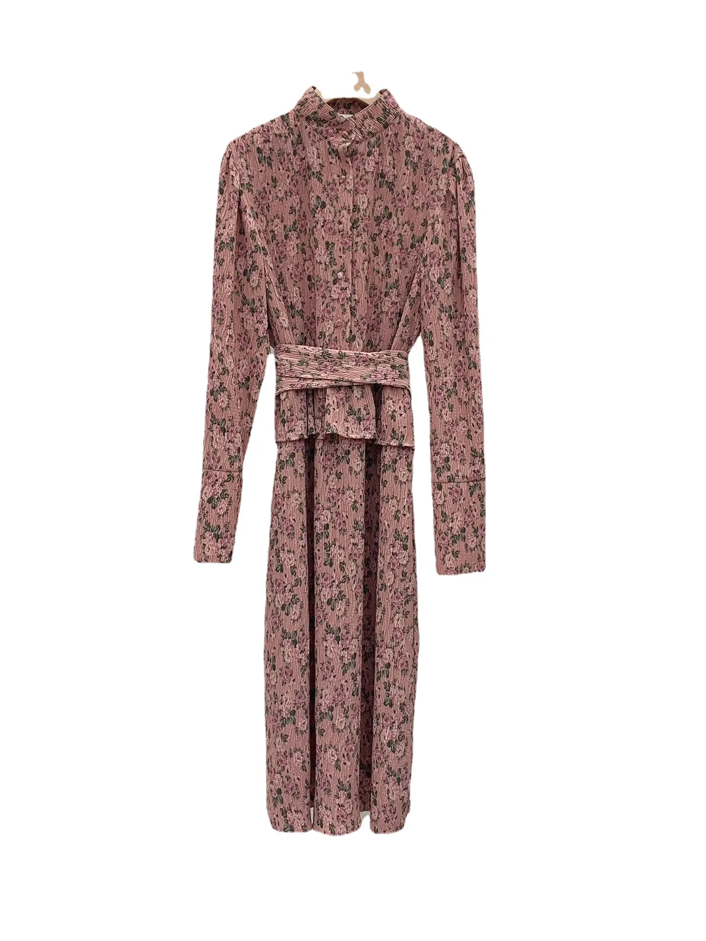 

2022 Spring New Korean Ins Floral Dress Small Stand-Up Collar Single-Breasted Belt Dress