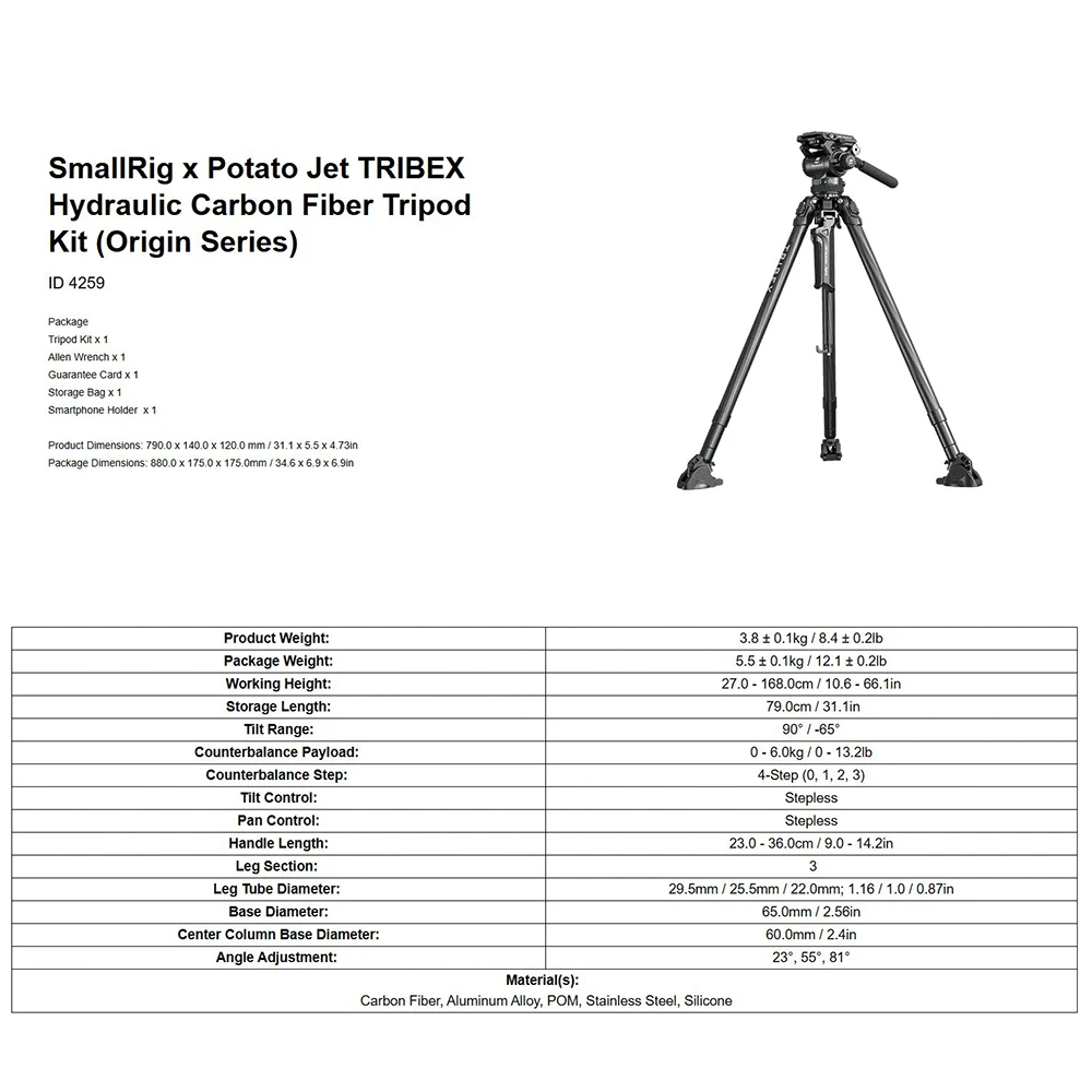 Комплект гидравлического штатива SmallRig x Potato Jet Tribex из углеродного волокна для