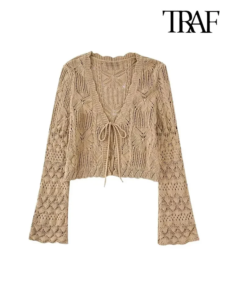 

Women Fashion Front Tied Cropped Pointelle Knit Cardigan Sweater Vintage V Neck Long Sleeve Female Outerwear Chic Tops
