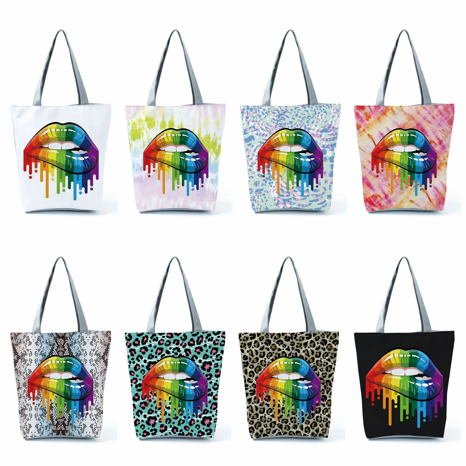 

Леопардовые сумки с сексуальным принтом губ, складные экологически чистые многоразовые сумки для покупок, женские вместительные пляжные сумки-тоуты, модные женские сумки на плечо