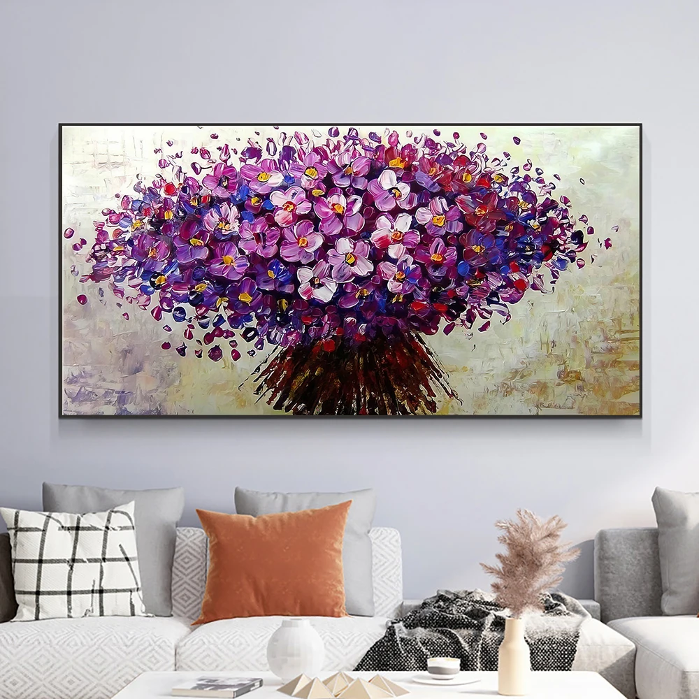 

Abstract Textured Purple Flower Oil Painting 100% Hand Painted On Cotton Canvas Modern Nordic Plant Wall Art For Home Room Decor