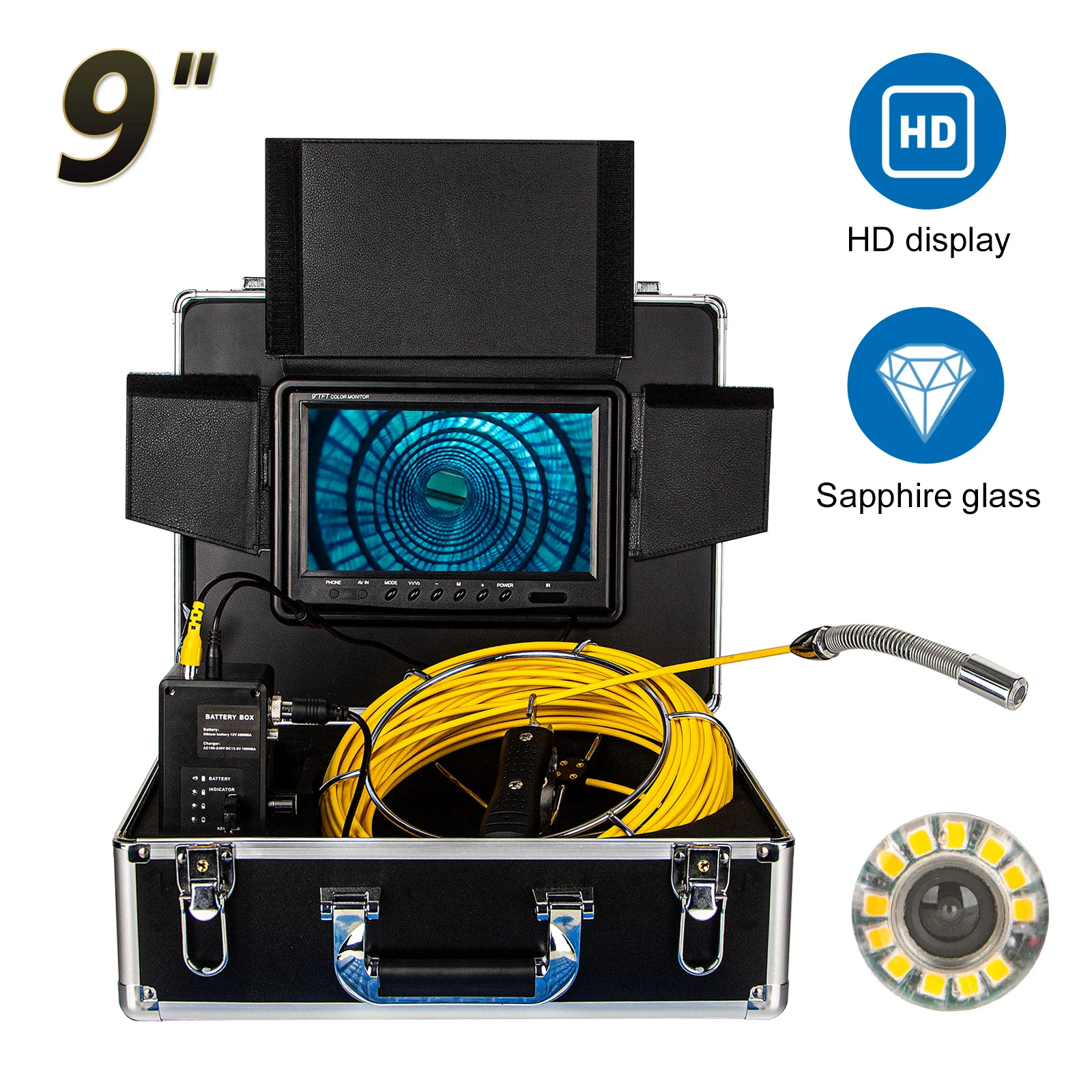 

WP90F Pipe Sewer Drain Inspection Camera Endoscope Borescope 120 degree 9INCH DVR Long Self Leveling 23mm 512hz Transmitter