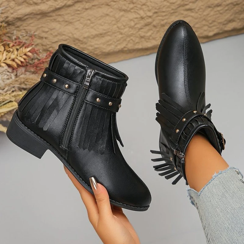 Desigenr/женские ботильоны с бахромой обувь на массивном кожаном каблуке острым