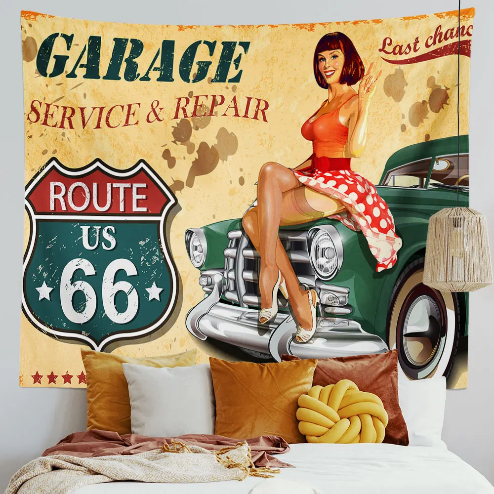 

West US Route 66 Flags Tapestry Car Motorcycle Blonde Pretty Printing Map Fabric Art Beds Heads Beach Mat Home Decor Accessories