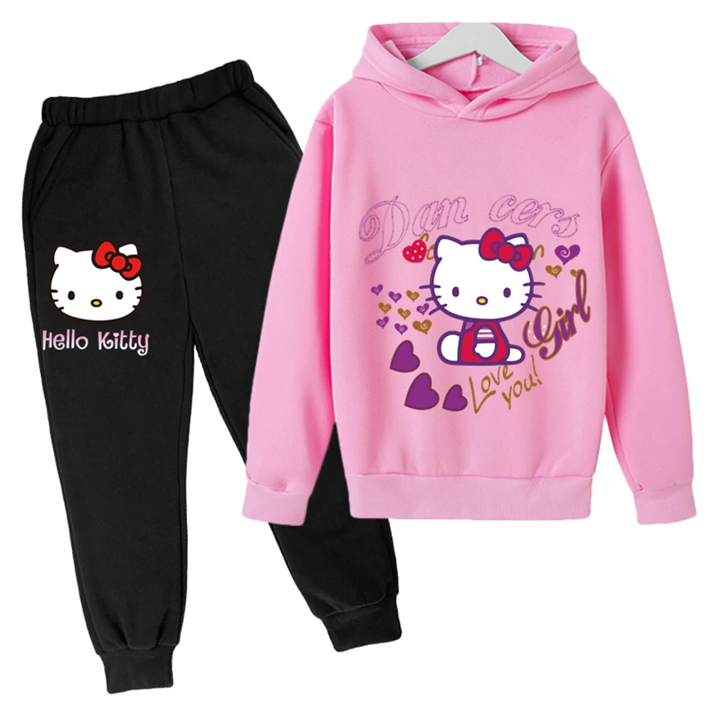 

2023 Hello Kitty Hoodie Sets Spring and Autumn Children Sweatshirt Fashion 2pcs Tracksuits Baby Boy Clothes Suit 4-14years