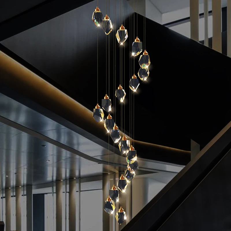 

Copper lamp Stair Long Pendant Lamp Modern Simple Duplex Building Villa Apartment Rotating Staircase Light Luxury Crystal Lamp