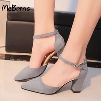 2022 hot summer square high heels flock pointed sandals sexy female summer sandalias shoes mujer zapatos pumps