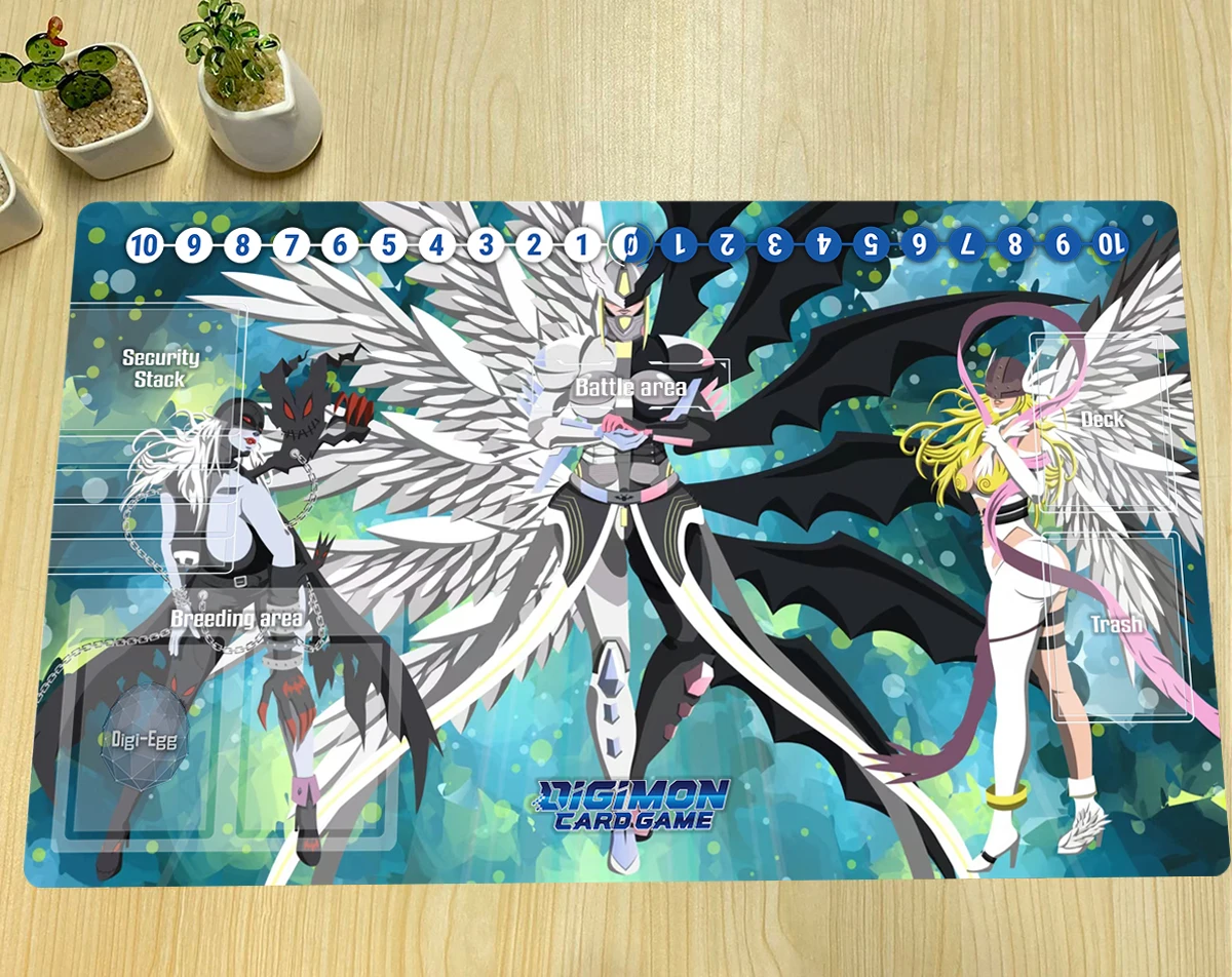 

Digimon Playmat Angewomon Lady Devimon DTCG TCG CCG Board Game Trading Card Game Mat Anime Mouse Pad Rubber Desk Mat Zones & Bag