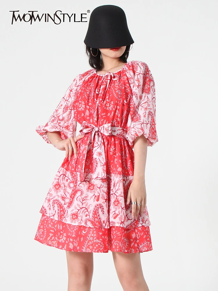 

TWOTWINSTYLE Ruched Print Dresses For Women Round Neck Lantern Sleeve High Waist Vintage Mini Dress Female Spring Clothing 2022
