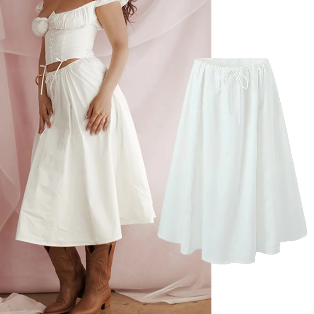 

Jenny&Dave Fashion Cotton Casual Commuting A-Line Midi Skirt Female French Elegant White High Waist Skirt Women