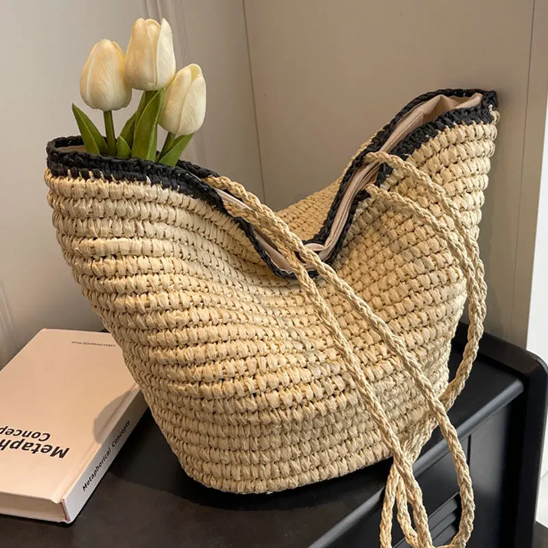

Luxury Design Straw Woven Tote Bags Summer Casual Large Capacity Handbags New Travel Beach Women Shoulder Simple Style Shopping
