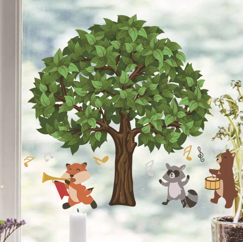

Big Tree Animal Note Cartoon Wallpaper Electrostatic Decor Paste Glass Paste Window Double-sided Visual Decoration Wall Stickers