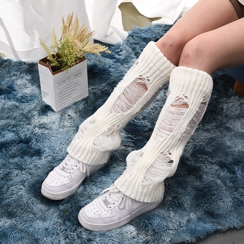 fashionable Sweet girls pile up socks with holes Long Winter Sock Cosplay Knit Boot Sock medium tube socks Foot Warming Cover