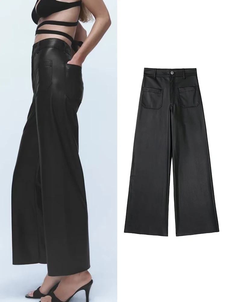 

TRAF Women Newest Faux Leather Pants 2022 Autumn Winter Elastic Waist Female Loose Pants Streetwear PU Navy Style Trousers