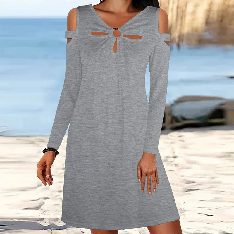 V-Neck Off Shoulder Hollow Out Long Raglan Sleeves Pullover Solid Color Loose Mid Waist Dress for Women 2022 Summer New Fashion