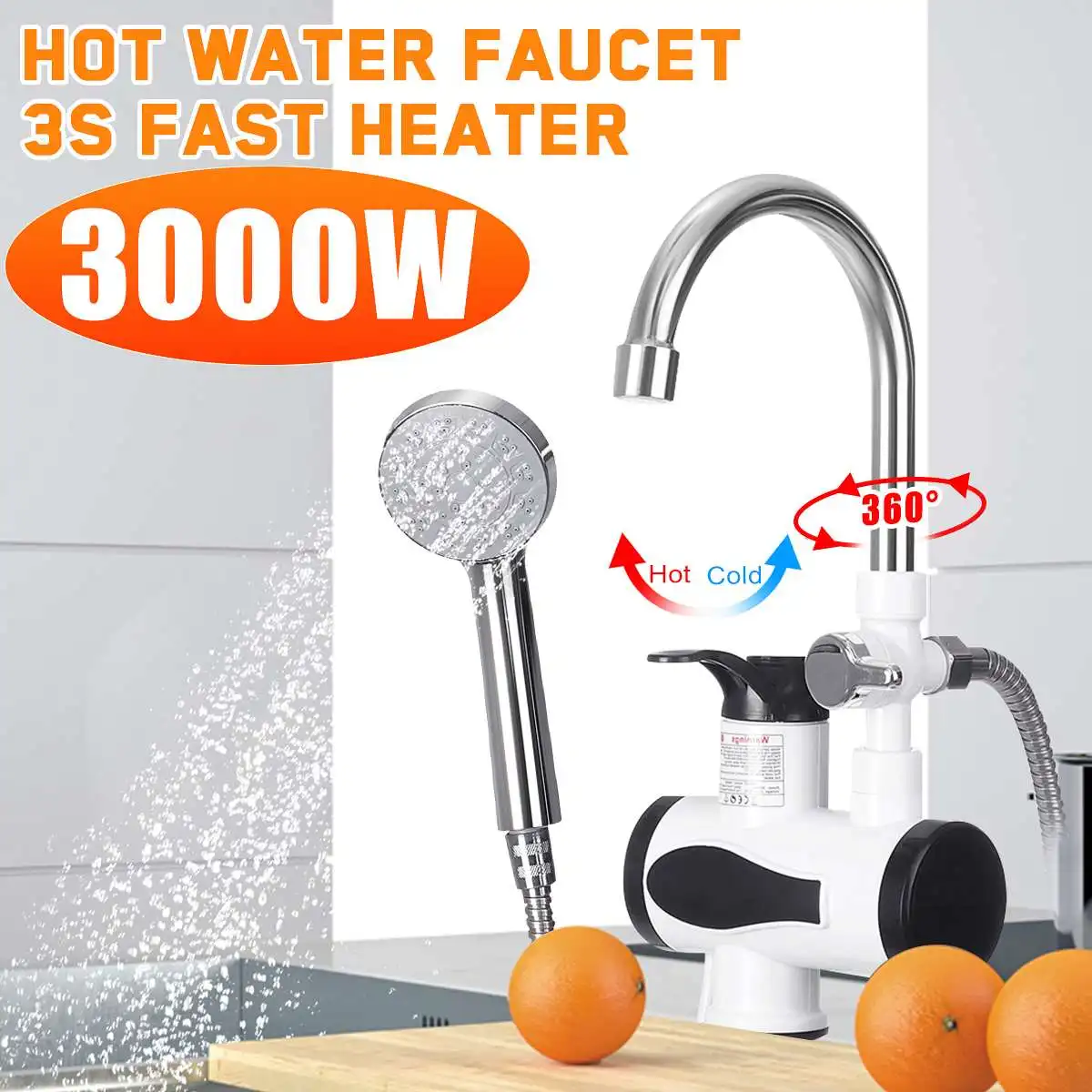 

3000W Electric Instant Hot Water Faucet Water heater Fast heating with LED Temperature Display Tankless Tap For Kitchen shower