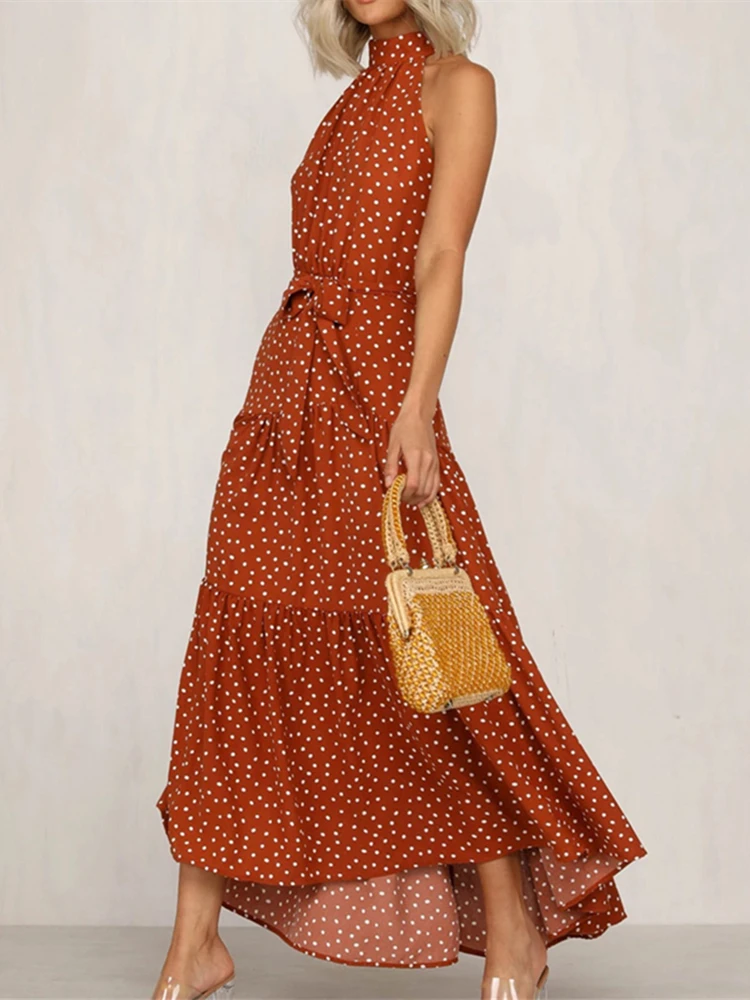 

Summer Fashion Women Sexy Dot Print Halter Dress Casual Bohemia Sleeveless Beach Holiday Maxi Dresses Female Elegant Vestidos