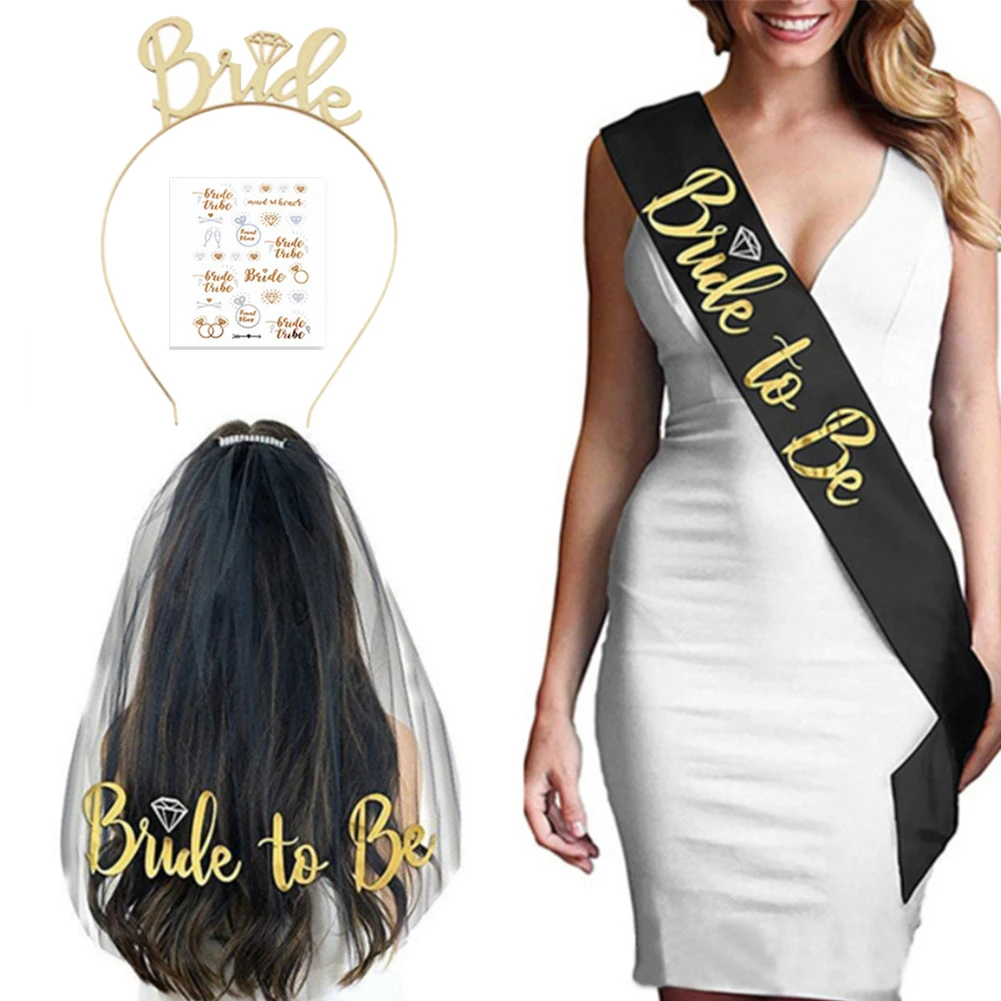 

1Set Bride To Be Veil Satin Sash Hiarband Bridal Shower Wedding Decorations Tattoo Stickers Hen Bachelorette Party Supplies New