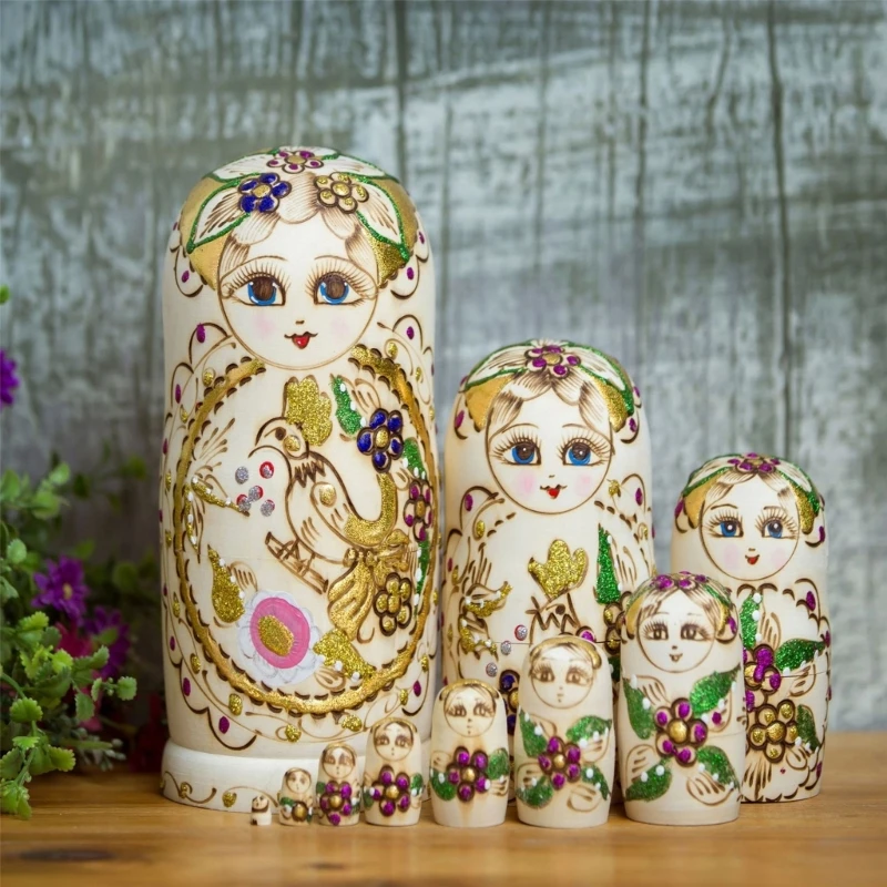 Фото Матрешка, русская матрешка, набор из 10 деревянных фигурок ручной работы, декор для девочек, ремесло для демонстрации кукол №3