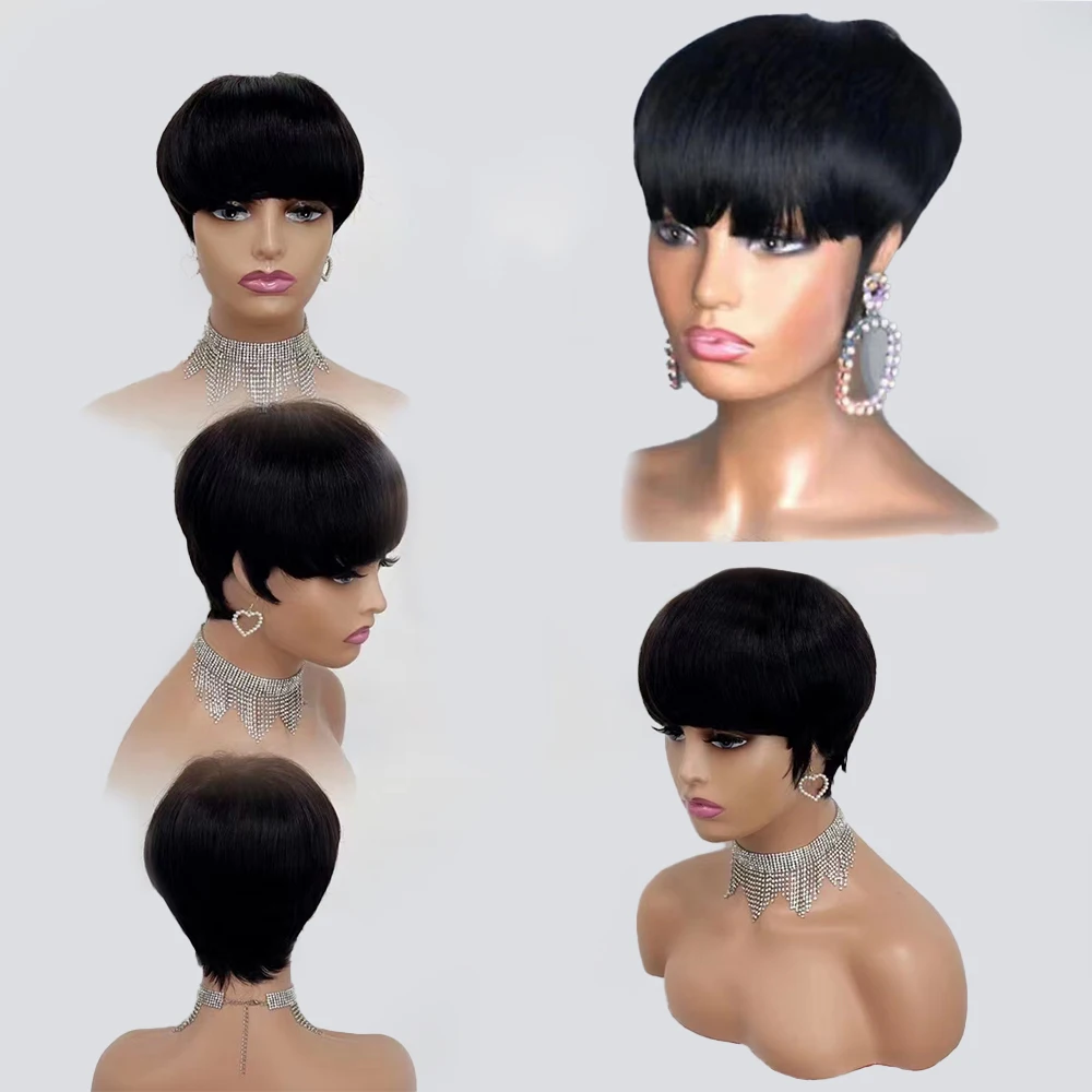 Short Human Hair Wigs for Black Women Straight Remy Brazilian Pixie Cut Hair Wig Full Machine Made Cheap Glueless Human Hair Wig