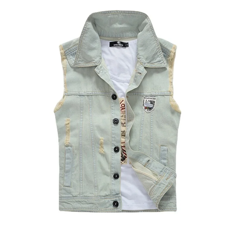 

Men Slim Denim Waistcoats Jeans Vests Jackets New Fashion Male Fit Denim Coats Vests Street Wear Holes Jeans Vests Size S-5XL