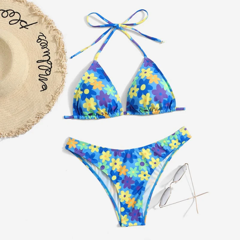 

2022 summer blue small fresh broken flower swimsuit Korean style sexy swimsuit female swimsuit women 2 piece set Bikini