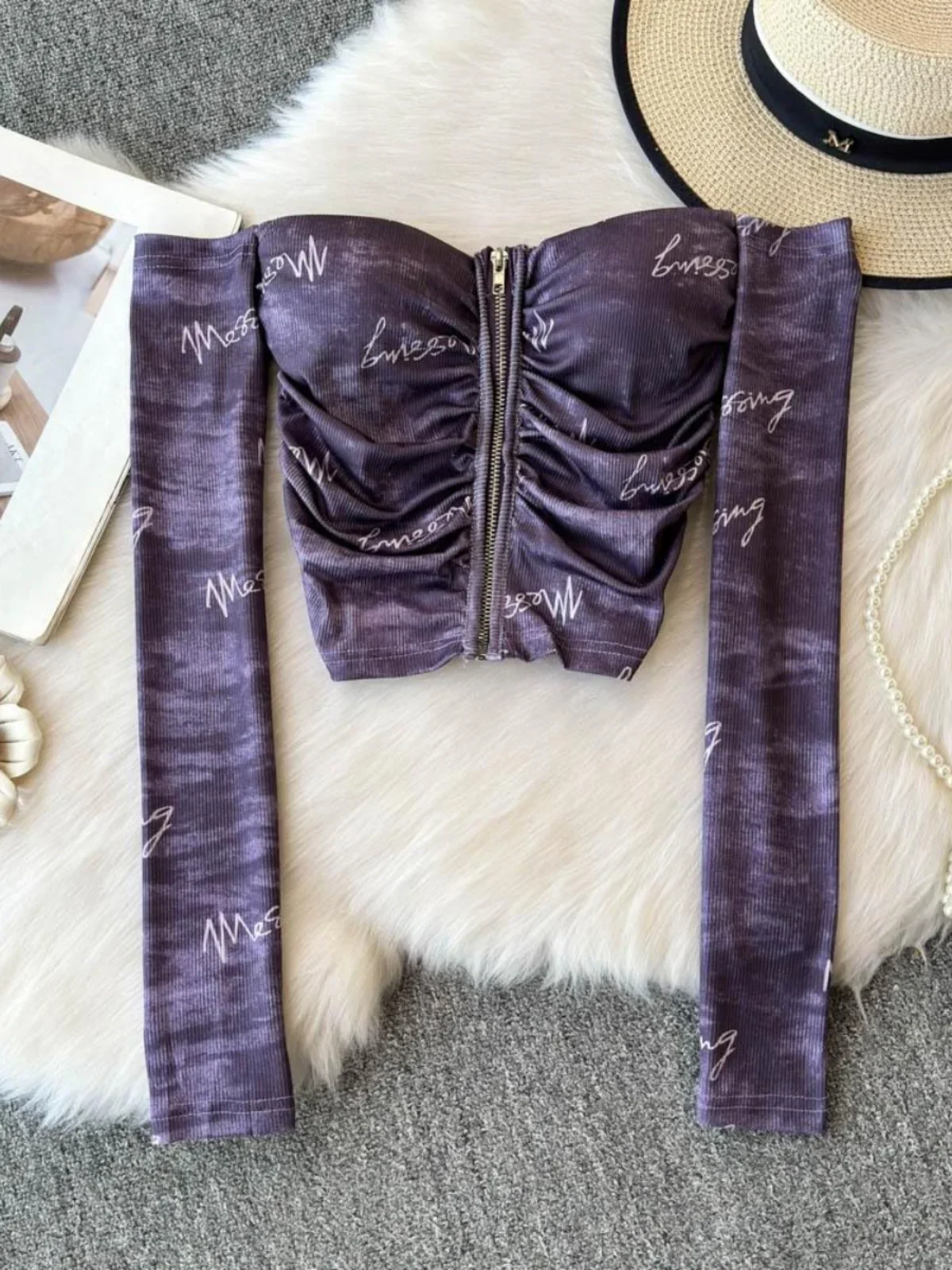 Foamlina 2024 осенняя новая футболка двусторонняя окрашенная со складками и принтом