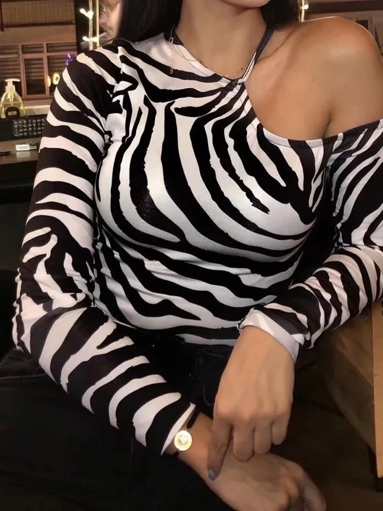 

Merodi Chic Lady Fashion Zebra Print Spring Short Blouse Womens Single Shoulder Long Sleeve Tops Girl Animal Print Vintage Shirt