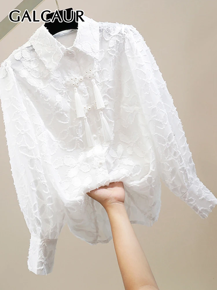 

Блузка GALCAUR женская с лацканами и длинным рукавом, модная рубашка в стиле пэчворк, с аппликациями и кисточками, минималистичный стиль, лето ...