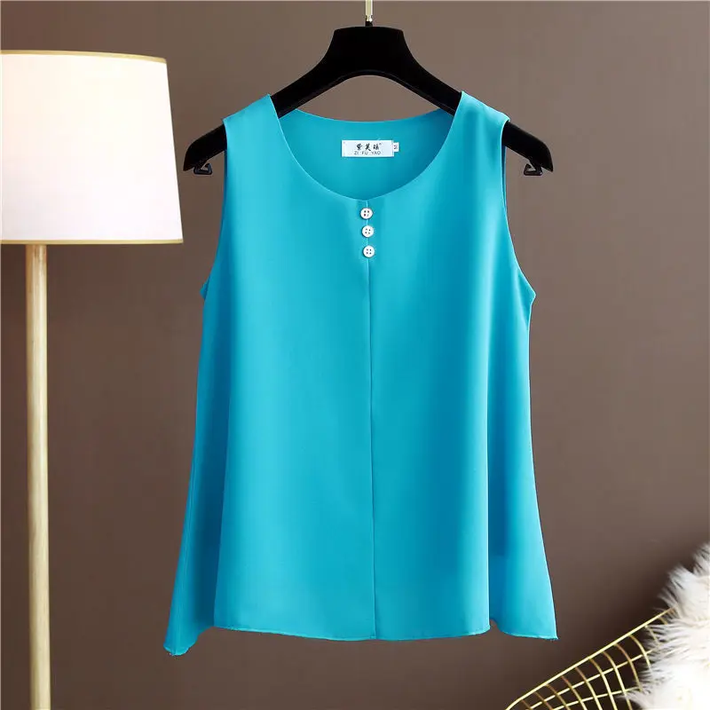 

Summer New Women's Chiffon Blouse Round Neck Solid Color Sleeveless Female Tops Oversized Loose Vest 6XL Blusas Mujer De