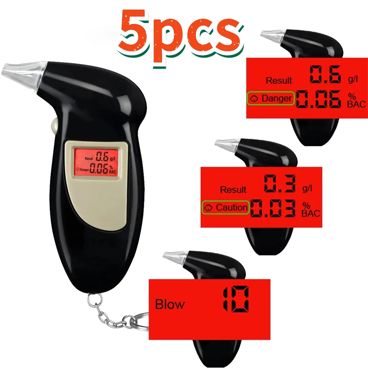 

5PCS Professional LCD Display Digital Alcohol Tester Police Alert Breath Alcohol Tester Device Breathalyzer Analyzer Detector