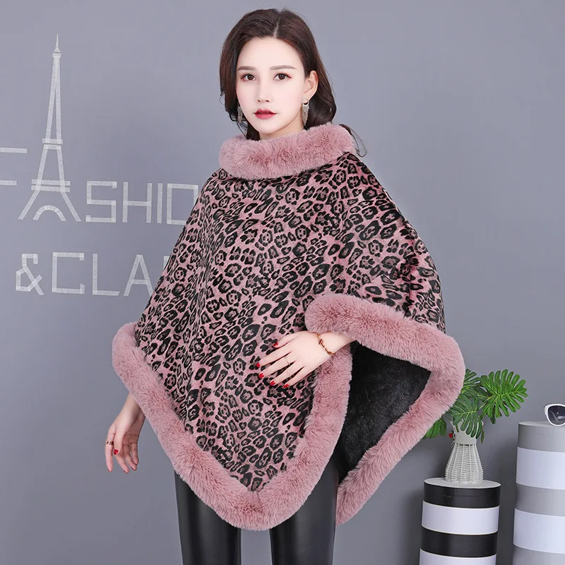 2022 Fur-like Female Leopard-print Rex Rabbit Fur Warm Padded Towel Luxury Leopard Lady  Velvet Cloak In Autumn  Winter top