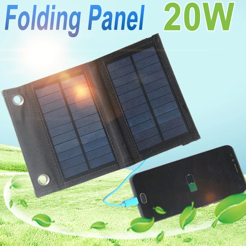 

20W Folding Solar Panel Outdoor Portable Polysilicon Plate Bag with Carabiner Gift Backup Charger for Camp Hiking Mobile Phone
