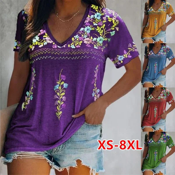 

2022 Summer Women Short Sleeve Loose Casual Ethnic Style Print T-Shirt Sexy Boho V Neck Patchwork Blouse Tops