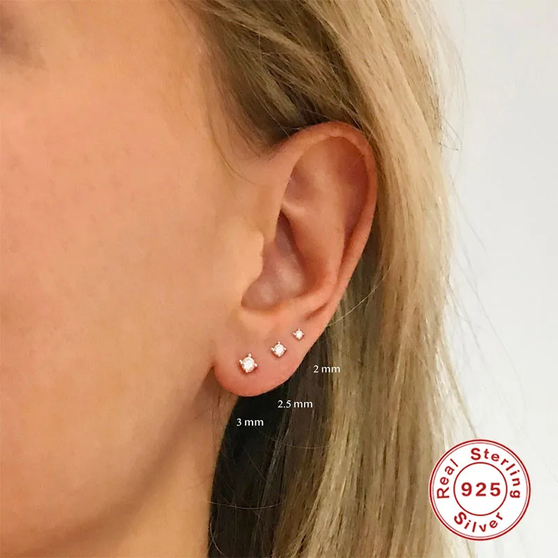 

CANNER 3PCS/Set 2/2.5/3mm 925 Sterling Silver 2022 Fashion Simple INS Single Zircon Stud Earrings For Women Teens Wedding Jewely