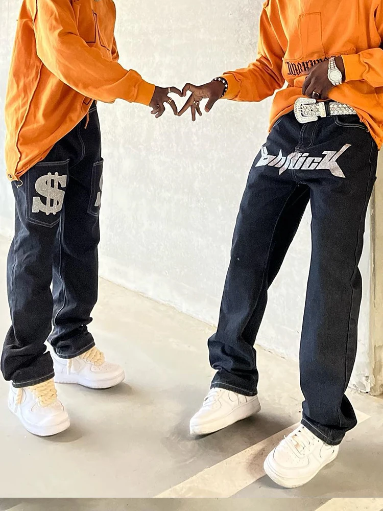 New Trendy Black Baggy Jeans Men Y2K Fashion Logo Printed Cotton Denim Pants Streetwear Patched Loose Straight Casual Trousers