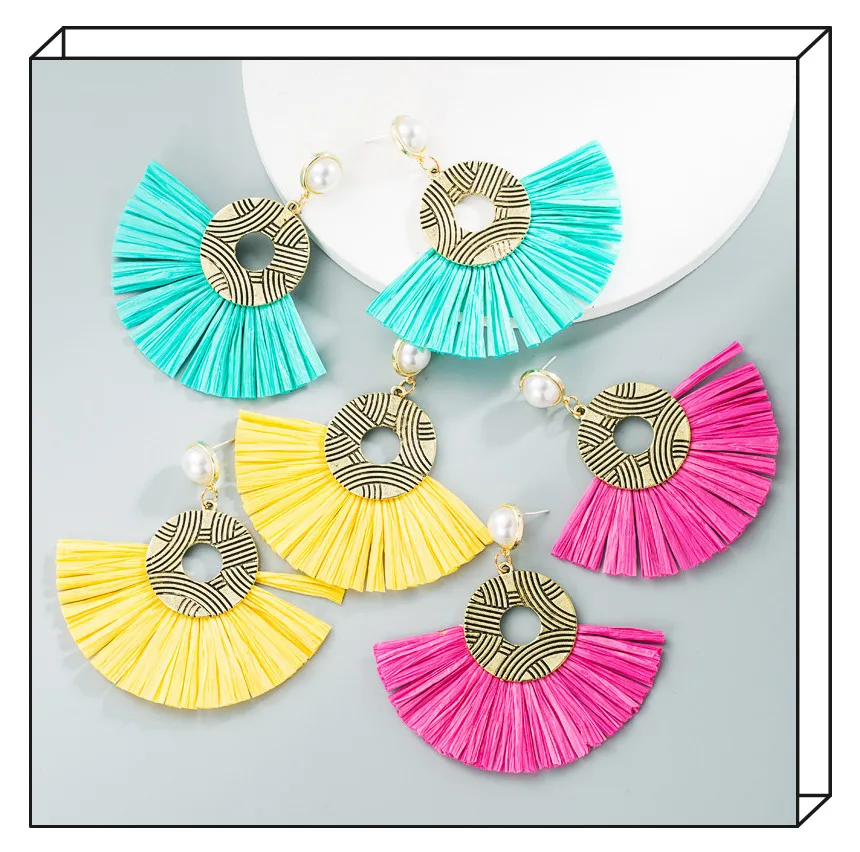 

RAFFIA Earring Handmade grass fan-shaped alloy Ear studs Bohemian Origami ethnic Tassel Earring Women's fashion jewelry earring