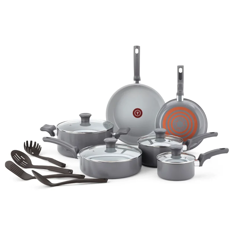 

T-fal Fresh Ceramic Nonstick Cookware Set, Recycled Aluminum, 14 Piece, Dishwasher Safe Kitchen Pots and Pans Set