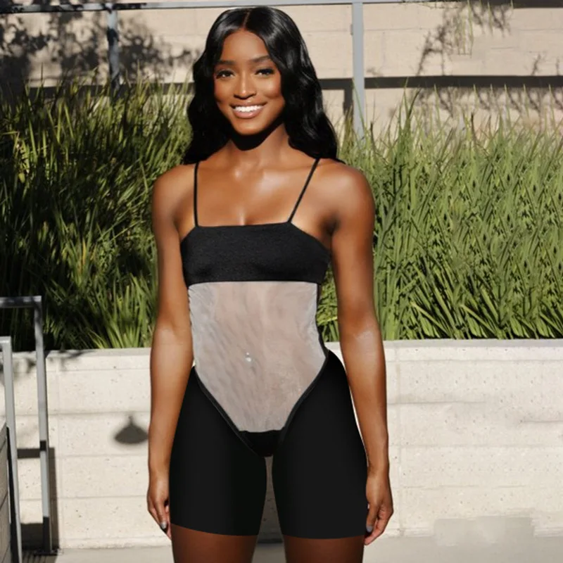LEOSD Solid Sexy Mesh Perspective Stitching Backless Bodycon One-piece Shorts for Women Jumpsuit and Rompers Fitness Overalls