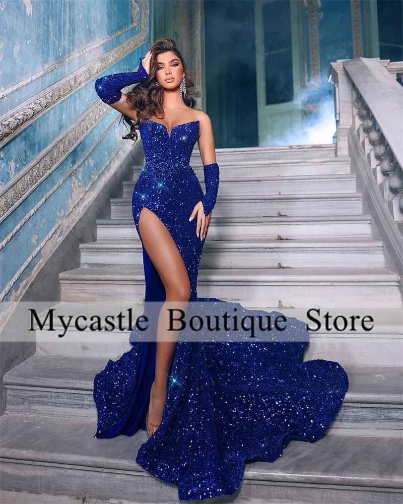 

Sexy Royal Blue Side Slit Sequins Evening Dresses 2023 Sweetheart Mermaid Prom Dresses For Women Formal Party Gowns