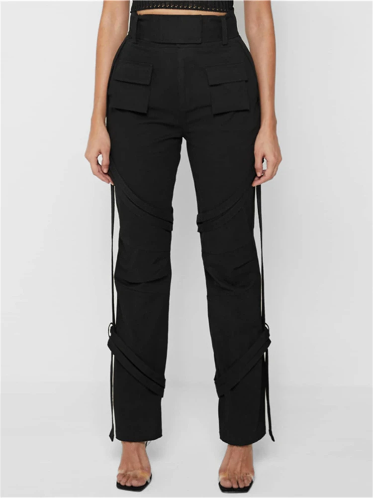 

Habbris Autumn Solid Bandage Cargo Pants Casual Outfit For Women 2022 High Waist Straight Long Pants Female Fashion Trousers