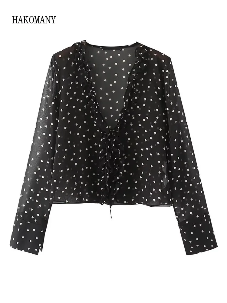 

Women Sexy Tie bow Front Ruffles V neck Polka Dot Cropped Shirt Short Blouse Slit Cuff Full Sleeve French Tops Black