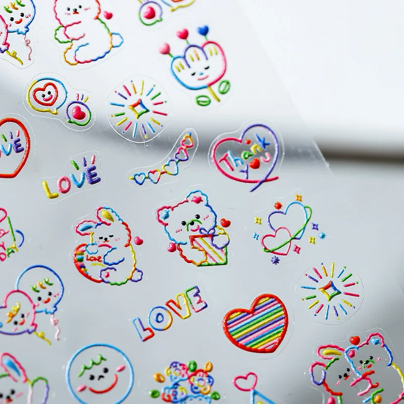 

Цветные линии, маленький медведь, цветок, любовь, сердце, 5D, мягкие рельефы, Самоклеящиеся украшения для ногтей, наклейки 3D, наклейки для ногт...