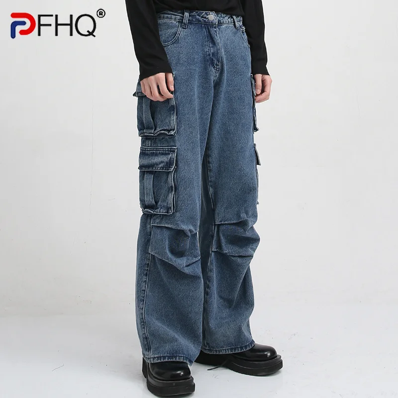 

Новые мужские джинсы PFHQ, корейский дизайн, вареные весенние комбинезоны 2023 с множеством карманов, однотонные мужские брюки, брюки-карго высокого качества
