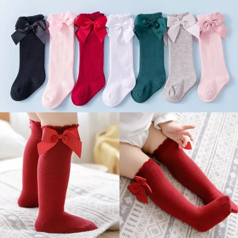 Kids Socks Toddlers Girls Big Bow Knee High Long Soft Cotton Lace Baby Kniekousen Meisje  Children Clothing