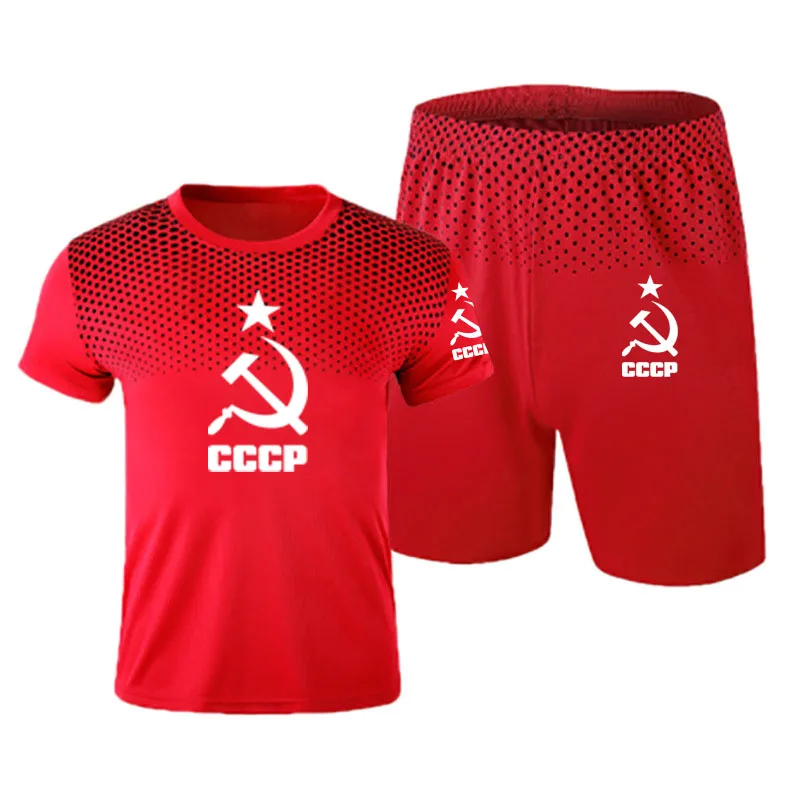 

New Summer Men's T-shirt +shorts two-piece suit CCCP car logo print Cotton Fashion Gradient Men's Racing Suit Short Sleeve Suit