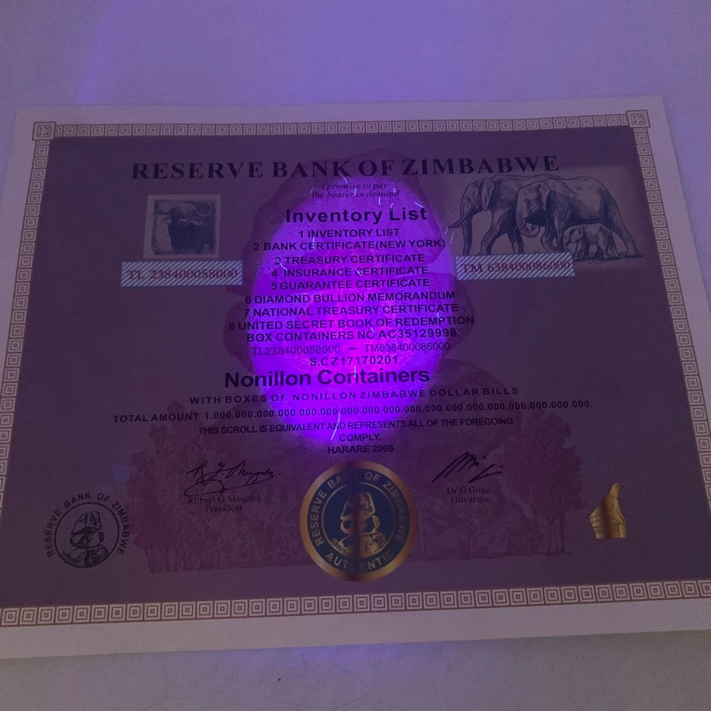 

22x28cm Big Zimbabwe Nonillon Containers Certificate for 100 Trillion Dollars Zimbabwe Gold Banknotes