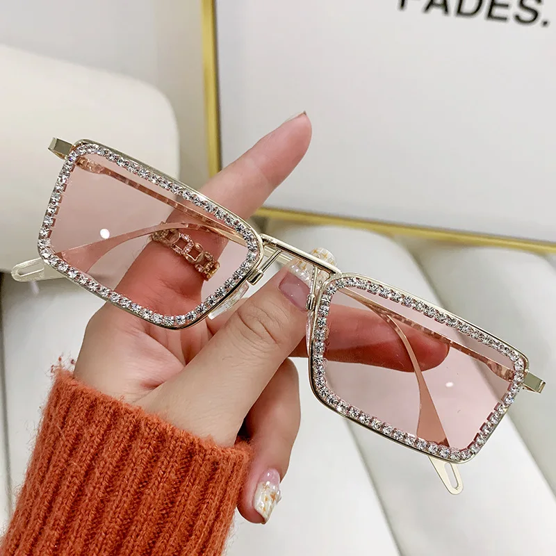

New Luxury Diamond-encrusted Women's Sunglasses Vintage Small Square Metal Sun Glasses for Women 2023 Trendy Ocean Piece Eyewear