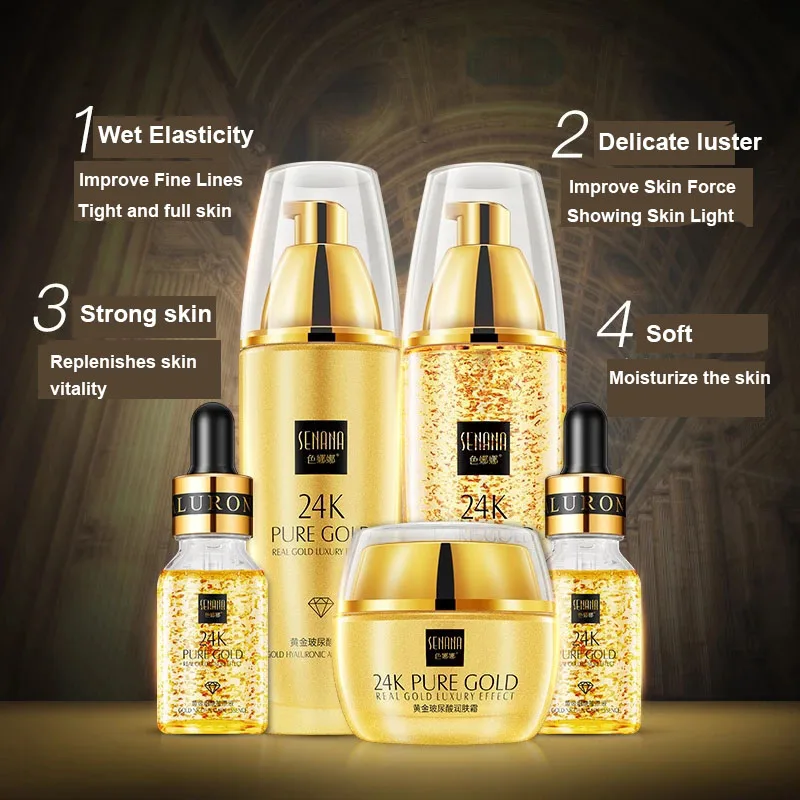 

SENANA 24K Gold Skin Care Facial Essence Sets Sets Moisturizes Shrinks Pore Oil Control 24K Gold Toner Face Cream Emulsion